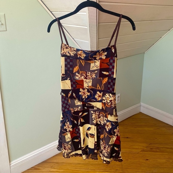 Mini Dress Womens Small Brown Floral Mesh Lined Stretch Strappy Ruffle Cider - Picture 2 of 9